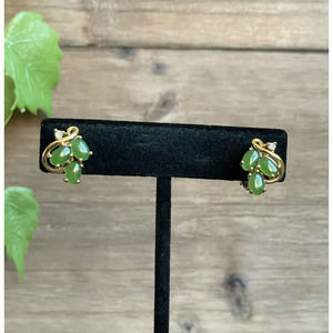 Vintage Green Clip On Earrings - Faux Jade Cabochon & CZ - Signed JC - Gold Tone